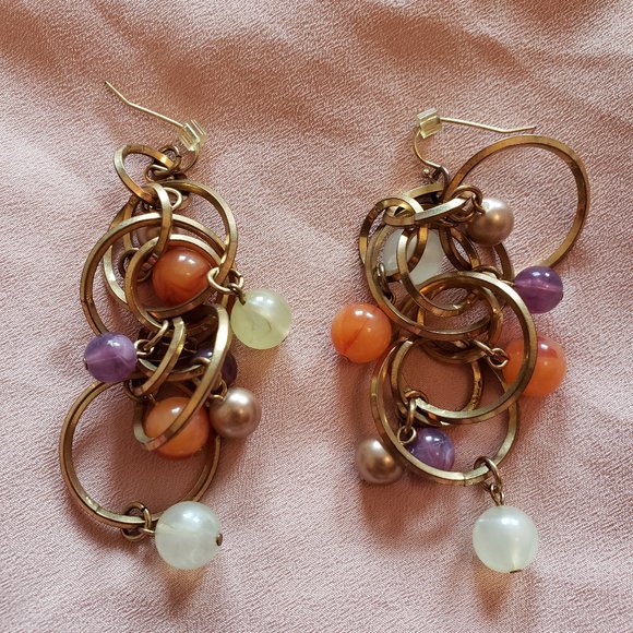 AVON Vtg 90’s Gold Mint Lilac Amber Stone Bauble Link Ring Dangle Drop Earrings - Picture 2 of 2